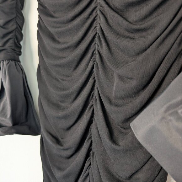 Black Ruched Statement Dress (Beaded Collar, Bell Sleeves) - Picture 3 of 6